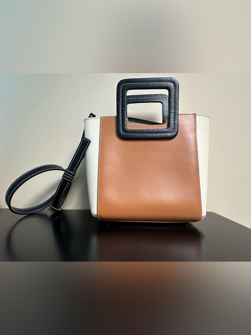 STAUD Two-Tone Tan and White Satchel with Black Square Handles